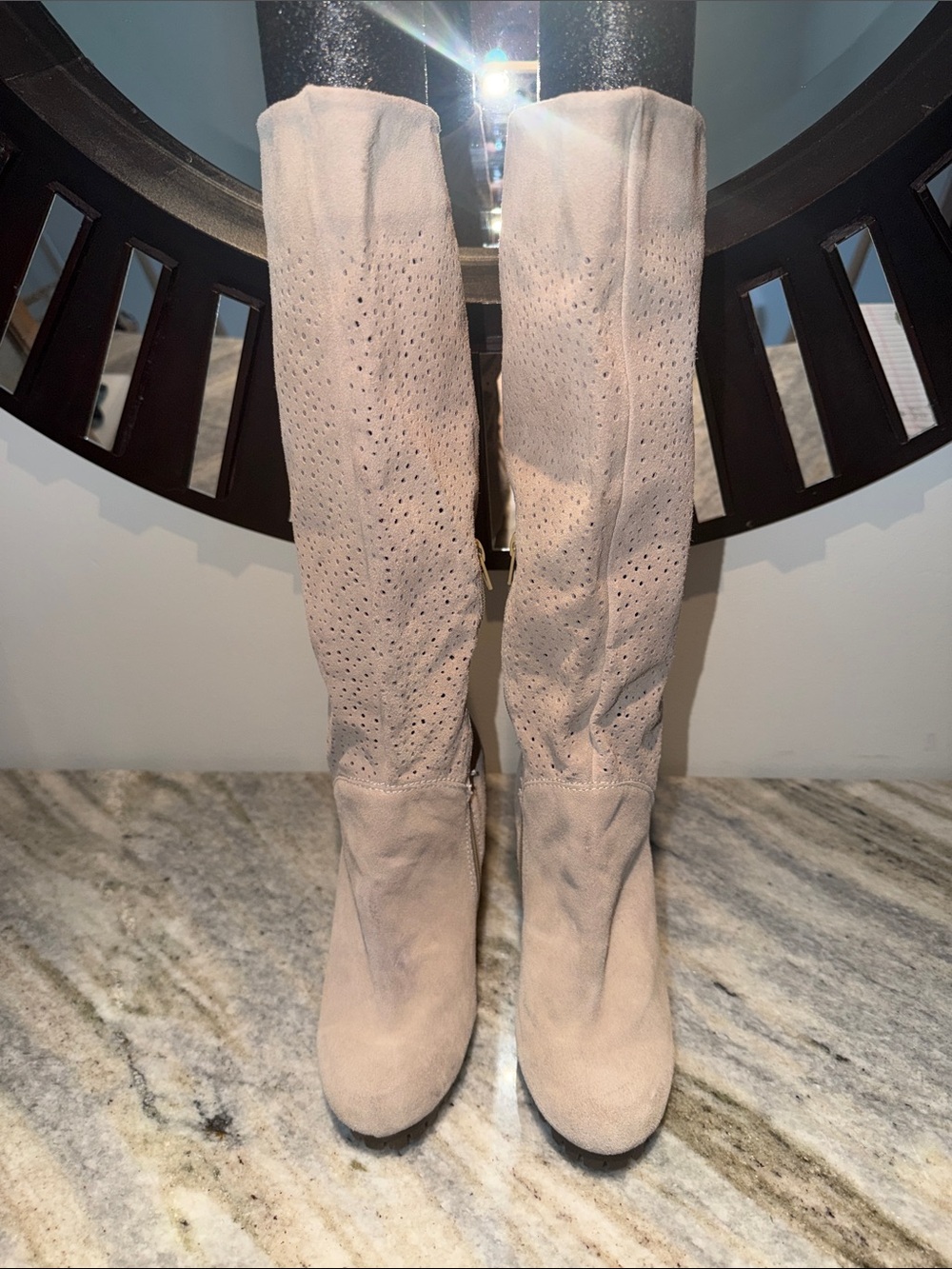 Avon Women’s Tan Suede Perforated Block Heel Midcalf Boots Size-7.5